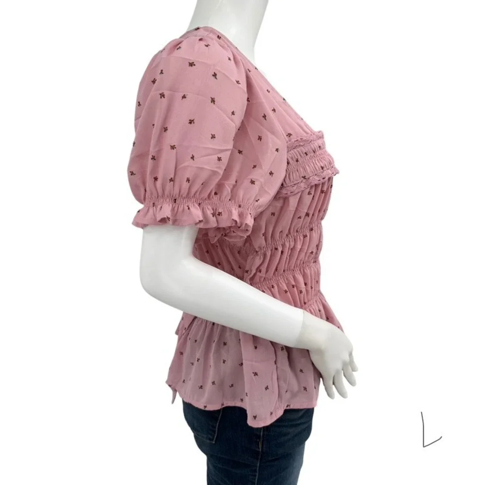 FREE PEOPLE New‎ Large Adore You Blouse Smocked Peplum Pink Floral Cottagecore